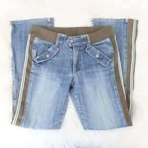 Y2K Mid-Wash Flared Jeans with Elastic Waist & Sporty Side Stripes – Size M
